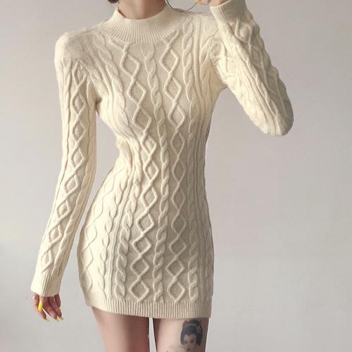 Polyester Slim Sexy Package Hip Dresses backless knitted Solid Apricot PC