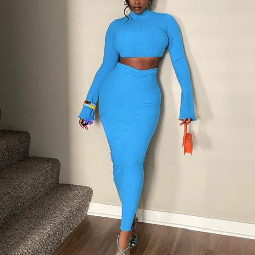Polyester Slim Two-Piece Dress Set patchwork Solid blue Set