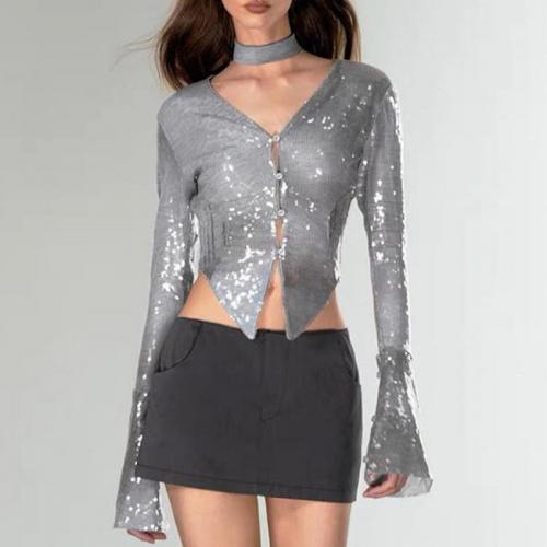スパンコール & ポリエステル 女性ロングスリーブTシャツ パッチワーク 単色 灰色 一つ