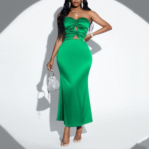Polyester Slim Tube Top Dress backless patchwork Solid green PC