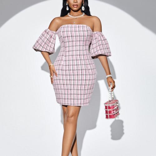 Polyester Slim Tube Top Dress patchwork plaid pink PC