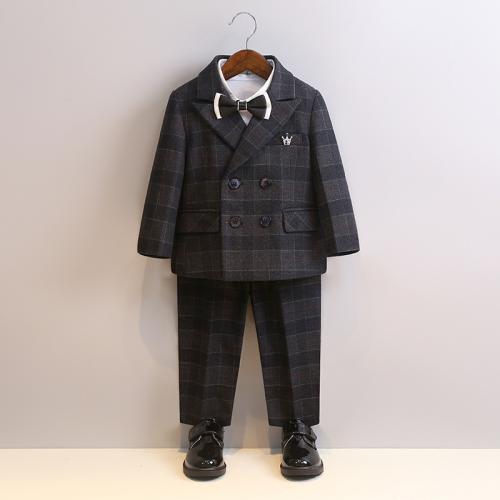 Viscose & Spandex & Polyester Boy Clothing Set  Necktie & brooch & vest & Pants & top & coat plaid Set