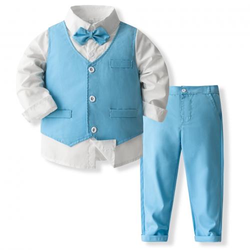 Cotton Boy Clothing Set Necktie & vest & Pants & top Solid sky blue Set