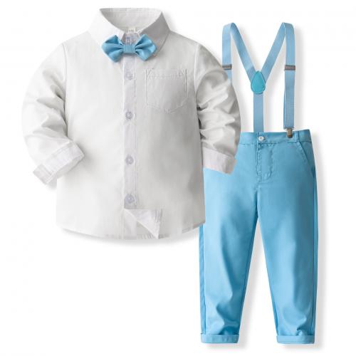 Cotton Boy Clothing Set Necktie & suspender pant & top Solid sky blue Set