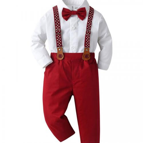 Cotton Boy Clothing Set Necktie & suspender pant & top printed dot red and white Set