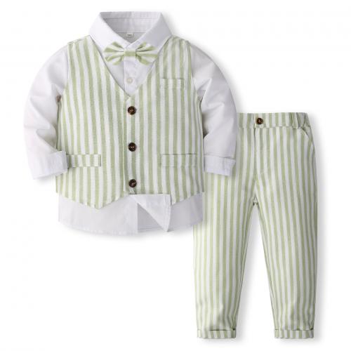 Cotton Boy Clothing Set Necktie & vest & Pants & top printed striped green Set