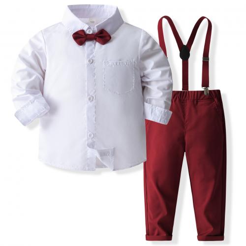 Cotton Boy Clothing Set Cotton Necktie & suspender pant & top Solid wine red Set