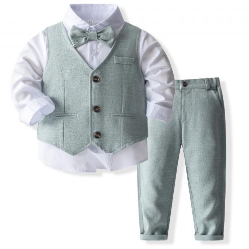 Cotton Boy Clothing Set Necktie & vest & Pants & top Solid green Set