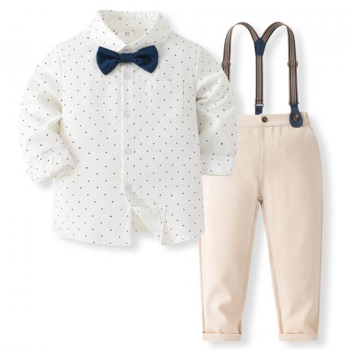 Cotton Boy Clothing Set Necktie & suspender pant & top printed dot Set