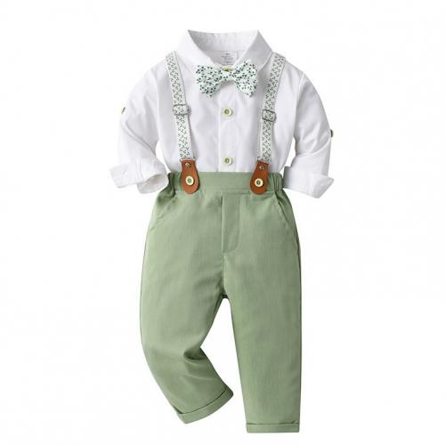 Cotton Boy Clothing Set Necktie & suspender pant & top printed green Set