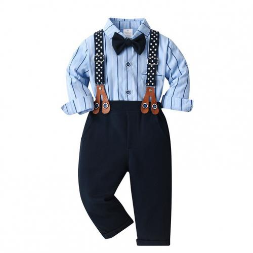 Cotton Boy Clothing Set Necktie & suspender pant & top printed striped blue Set