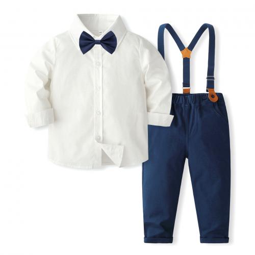 Cotton Boy Clothing Set Necktie & suspender pant & top Solid Navy Blue Set