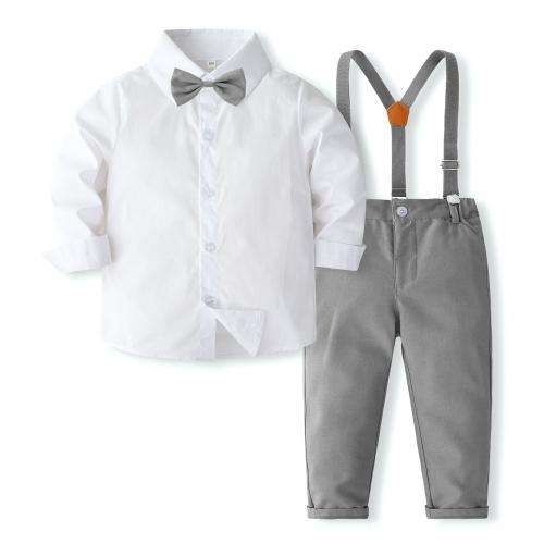 Cotton Boy Clothing Set Necktie & suspender pant & top Solid gray Set