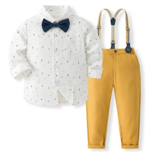 Cotton Boy Clothing Set Necktie & suspender pant & top printed white Set