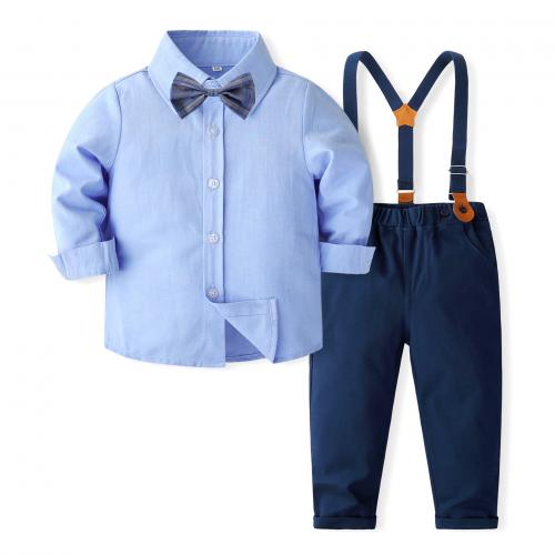 Cotton Boy Clothing Set Necktie & suspender pant & top Solid blue Set