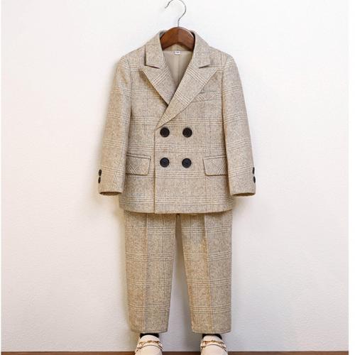 Viscose & Polyester Boy Clothing Set five piece  Necktie & vest & Pants & top & coat printed plaid Set