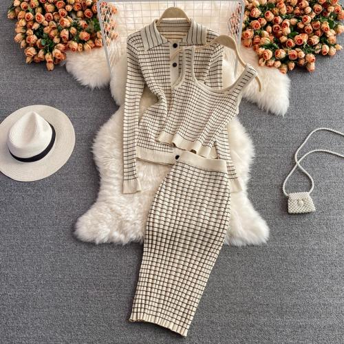 Polyester High Waist Women Casual Set slimming & three piece tank top & skirt & top knitted striped Apricot Set