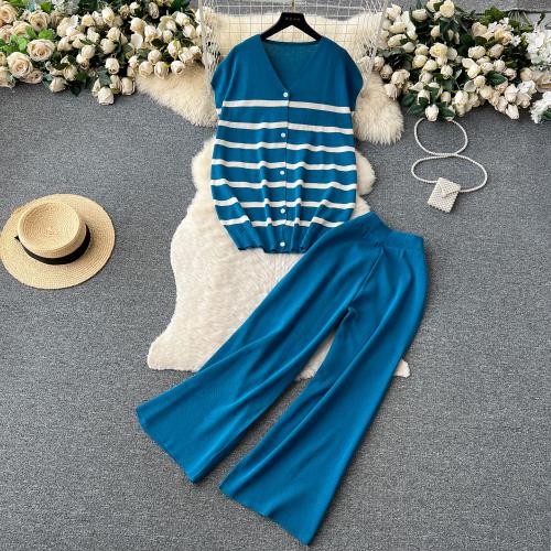 Polyester High Waist Women Casual Set slimming Pants & top knitted striped : Set