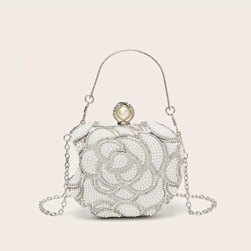 Polyester Easy Matching Clutch Bag with chain & with rhinestone white PC