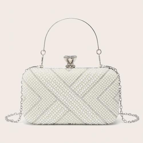 Plastic Pearl & Polyester Easy Matching Clutch Bag with chain & with rhinestone white PC