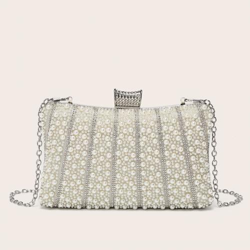 Plastic Pearl & Polyester Easy Matching Clutch Bag with chain & with rhinestone white PC