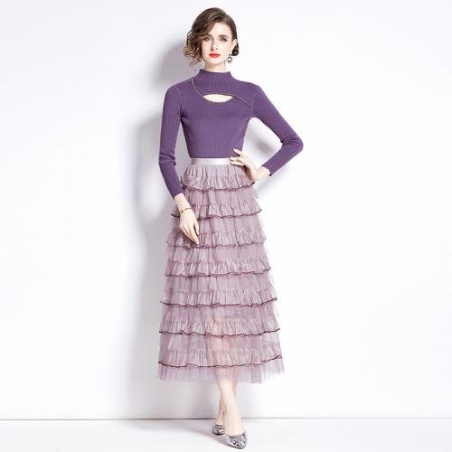 Gauze & Polyester Waist-controlled & Layered Two-Piece Dress Set & two piece Solid purple Set