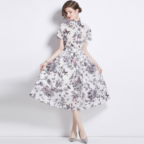 Polyester Einteiliges Kleid, Gedruckt, Schmetterlingsmuster, Grau,  Stück