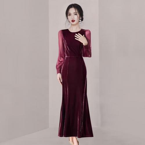 Polyester Waist-controlled Sexy Package Hip Dresses & loose & ankle-length Solid wine red PC