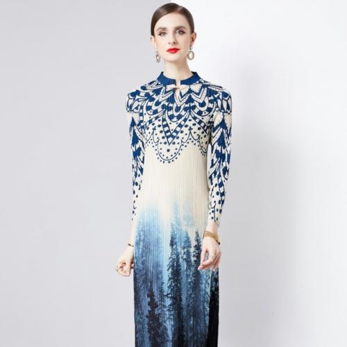 Polyester Soft & Pleated One-piece Dress breathable printed blue : PC