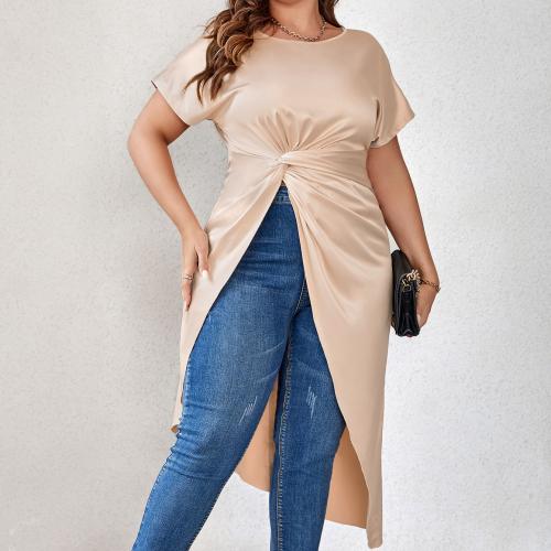 Polyester Plus Size Women Short Sleeve T-Shirts & loose patchwork Solid Apricot PC