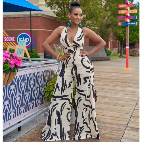 Polyester Slim Long Jumpsuit deep V printed white and black PC
