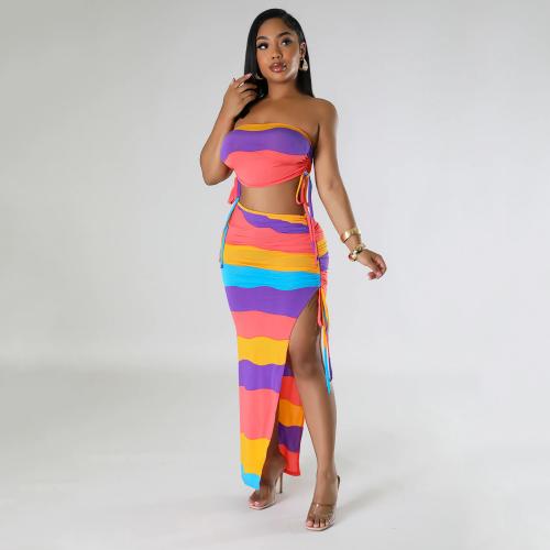 Polyester Slim & High Waist Two-Piece Dress Set & wrapped chest patchwork striped multi-colored Set