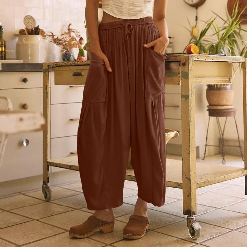Cotton Linen Plus Size Women Casual Pants & loose & with pocket Solid PC