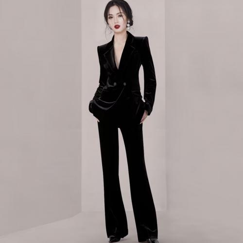 Polyester Waist-controlled Women Business Pant Suit & two piece Pants & top black Set