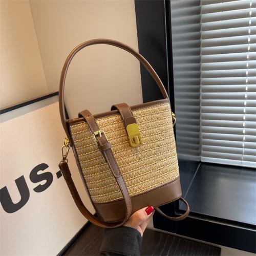 Straw & PU Leather Easy Matching & Bucket Bag Handbag attached with hanging strap PC