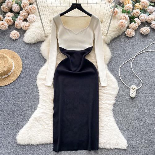 Polyester Slim & High Waist Autumn and Winter Dress patchwork : PC
