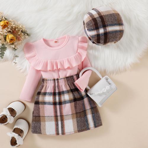 Cotton Girl Two-Piece Dress Set Cute & three piece & thermal plaid pink Set