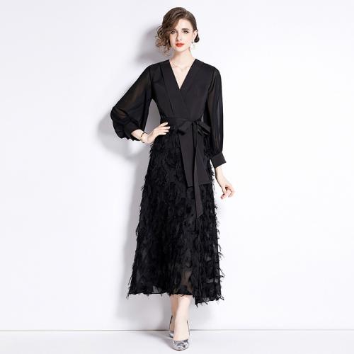 Polyester Waist-controlled Long Evening Dress see through look & ankle-length Solid black PC