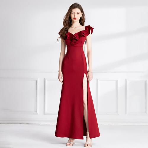 Polyester Waist-controlled & Off Shoulder Long Evening Dress side slit Solid red PC