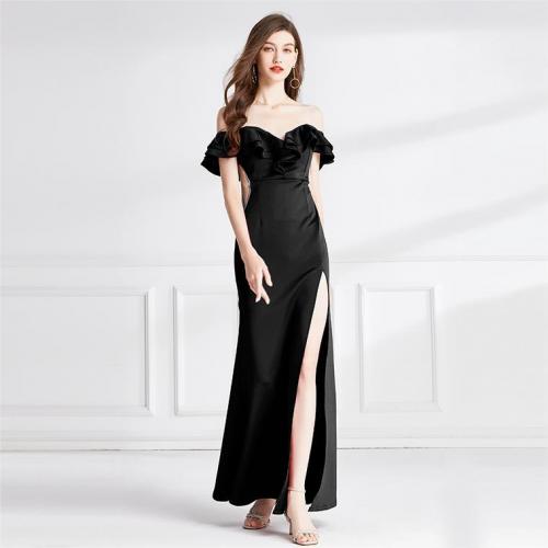 Polyester Long Evening Dress side slit & off shoulder Solid black PC
