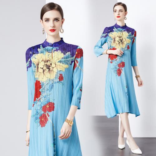 Polyester Einteiliges Kleid, Gedruckt, Floral, Blau, :,  Stück