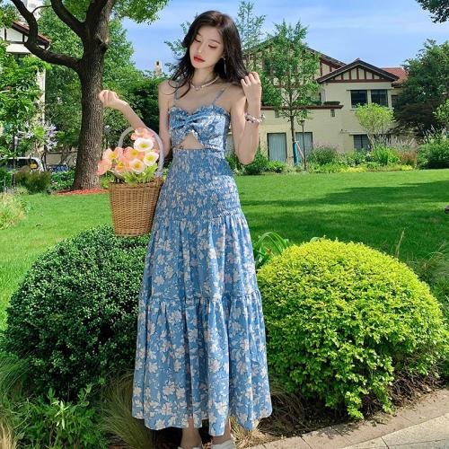 Polyester Slim Slip Dress midriff-baring printed floral blue PC