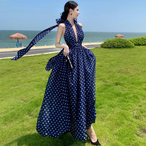 Polyester Waist-controlled One-piece Dress backless printed dot blue PC