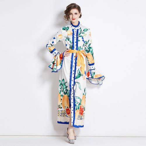 Polyester Waist-controlled & front slit One-piece Dress printed floral PC