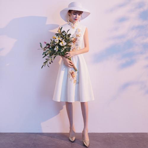 Polyester Slim & Plus Size Short Evening Dress patchwork floral white PC