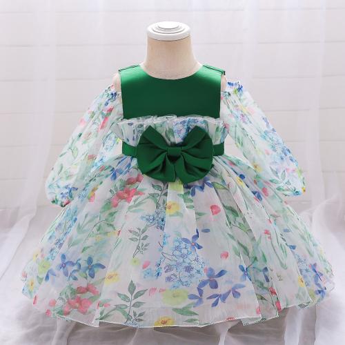 Polyester Ball Gown Girl One-piece Dress Cute printed floral green PC