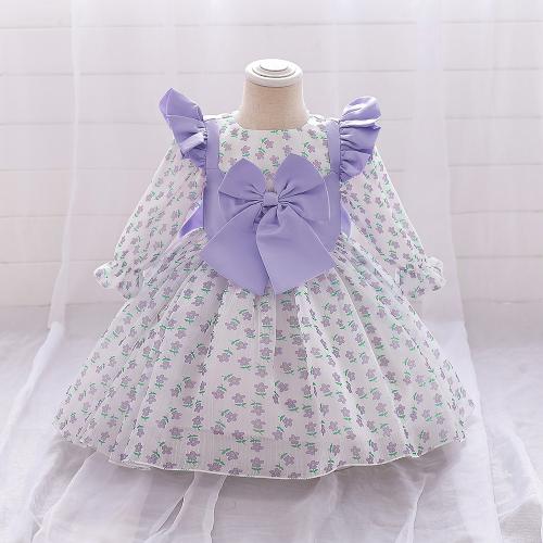 Polyester Ball Gown Girl One-piece Dress with bowknot printed shivering purple PC