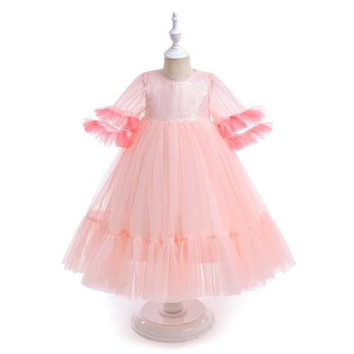 Gauze & Cotton Princess Girl One-piece Dress large hem design Solid pink PC