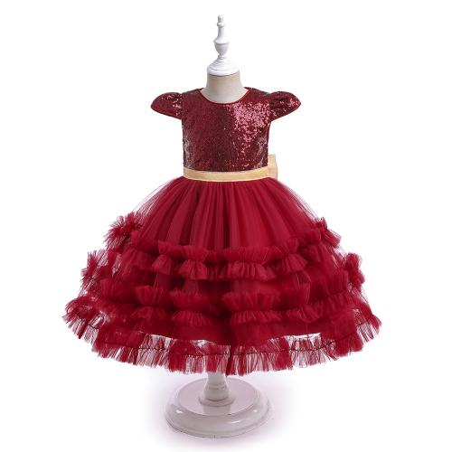 Sequin & Gauze & Cotton zipper Girl One-piece Dress see through look & with bowknot Solid red PC
