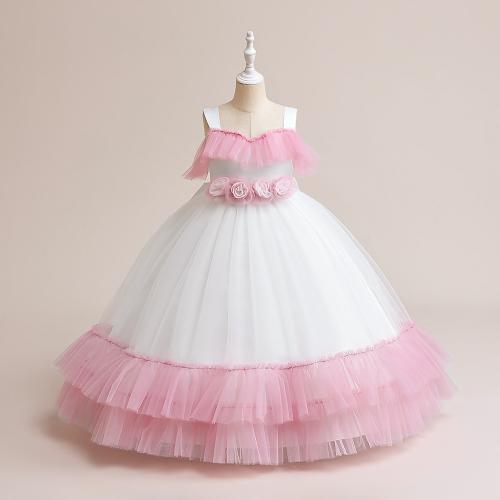 Gauze & Polyester Soft & Princess Girl One-piece Dress large hem design Solid pink PC